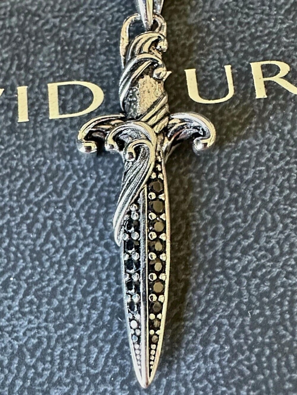 David Yurman Dagger Amulet Adorned With Black Pave Diamons On A Yurman Box Chain